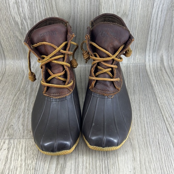 SPERRY MID CALF RAIN BOOTS SALTWATER CROC LEATHER DARK BROWN - Picture 2 of 10